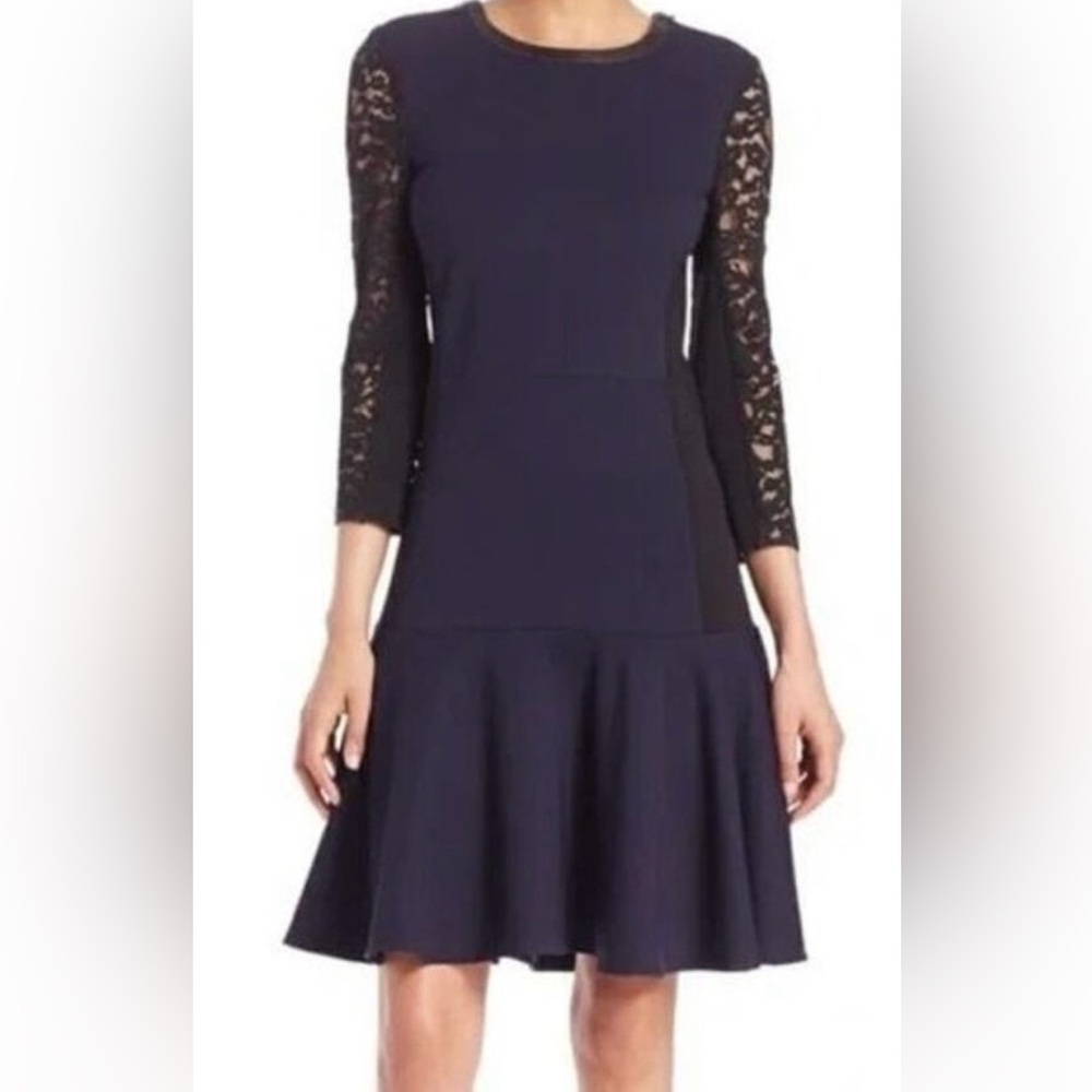 Rebecca Taylor Navy Dress with Black Leather Trim Lace Sleeves NWT Scuba Fabric